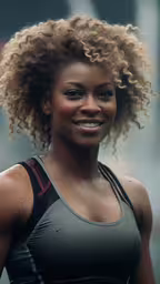 a woman with curly hair smiles while walking down the street,there is a female tennis player with curly hair smiling