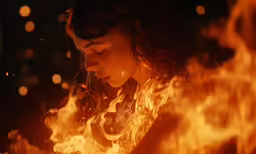 a woman in black dress standing behind a fire