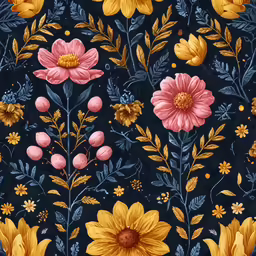 an artistic painting showing yellow and pink flowers