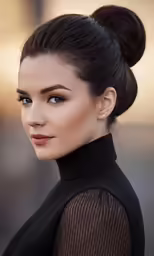 a woman in a black dress with a messy bun