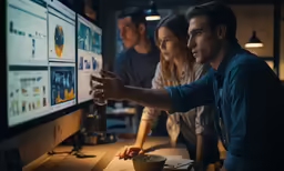 people are looking at a computer screen with a man and woman in the background