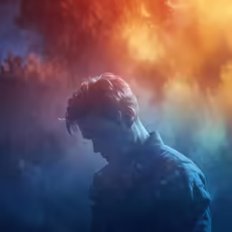 a man with a blue shirt standing in a forest under a tree