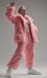 man in pink fuzzy sweats on white background