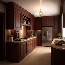 kitchen with shiny dark brown cabinets, a large refrigerator, counter tops and some fruit