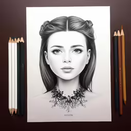 drawing realistic face of a woman with different color pencils on a table