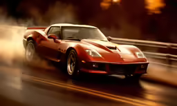 a red sports car going down the road