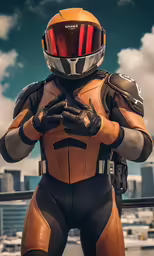 a man in orange and black outfit on a roof