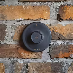 a black knob is on the side of a brick wall