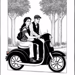 a couple in love is riding on a scooter