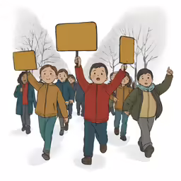 some people holding up signs while walking in the snow