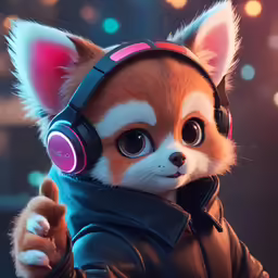 a red panda with headphones on with a leather jacket and brown jacket