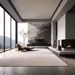 a large room with modern furniture, large windows and a fireplace