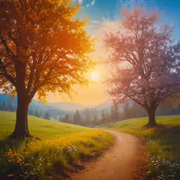 the trail goes through the beautiful countryside with flowering trees,a painting of a rural road with trees in the background