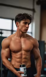 a man with no shirt holds a bottle of protein