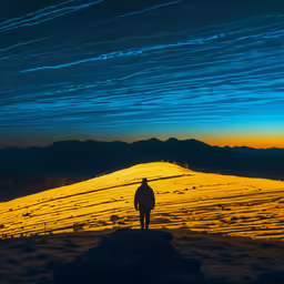 man looking at the night sky on top of a hill