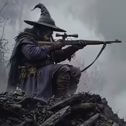 the elder in his old time costume is holding a rifle