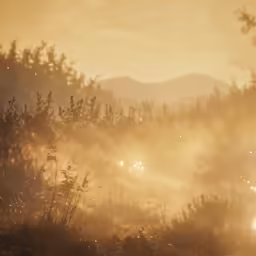 sunlight shines through trees and bushes on the side of the road