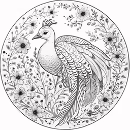 a black and white bird sitting in a circular wreath with flowers