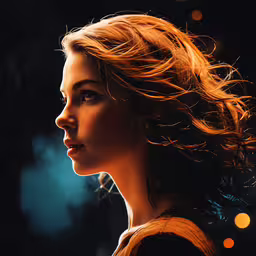 a woman with blonde hair and glowing eyes,a woman with flowing hair in the dark