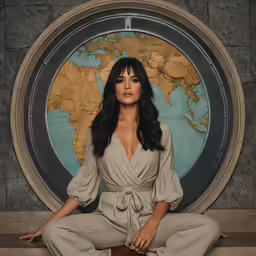 a woman sitting on the floor in front of a map