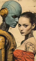 an image of a woman and robot in a red dress