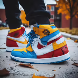 the feet and upper half of a person wearing a pair of nike sneakers