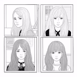 several women with long hair and a man with glasses