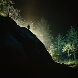 a person is on a grassy hill at night