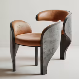 an interesting chair made out of concrete with a leather seat