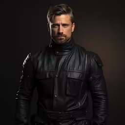 a man with a beard is wearing a leather jacket,a man in leather and a leather jacket