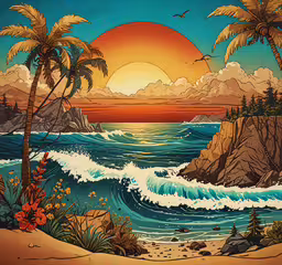 this is an art work of a beautiful sunset over the ocean,a painting of tropical scenery with sun rising over ocean