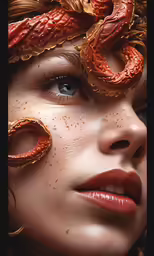 a woman with red hair, her eyes shut and dragon rings on her face