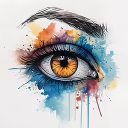 a watercolor drawing of an eye with the color of paint splashing around it