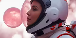 a female in helmet with red stripe and white background