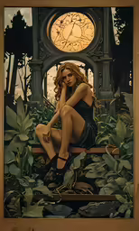a painting of a woman sitting on top of a bench