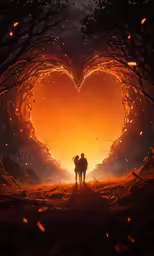 two people in silhouette against a heart shaped background