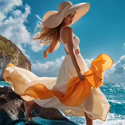 the young woman is wearing a long dress and hat