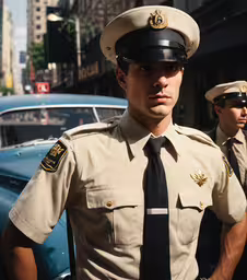 three police men in uniform standing next to each other,two uniformed police men walking next to each other in a city