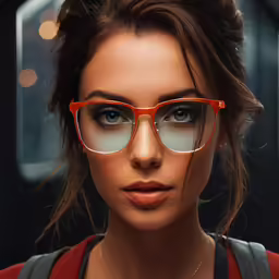 a woman wearing glasses and a red top
