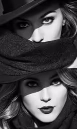 two photos one has a woman wearing a hat and scarf
