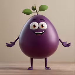a cartoon eggplant character with two hands and a leaf on top of it