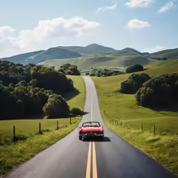 a convertible car driving down a rural road
