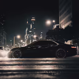 a black car driving down a busy city street