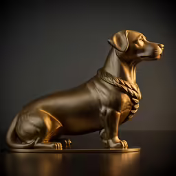 a gold dog statue is sitting on the floor