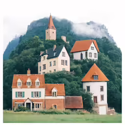 small village on top of a mountain under a cloudy sky