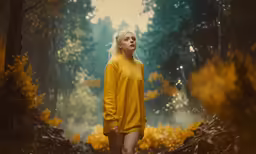 a woman in a yellow sweater walking through the woods