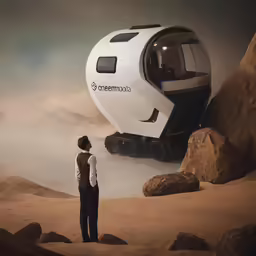 a person standing outside an futuristic looking vehicle in the desert