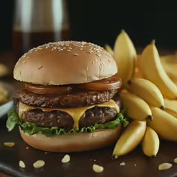 the hamburger has been prepared and served next to some bananas