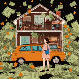 a person standing next to a car surrounded by money,the illustration shows a woman in front of money bills
