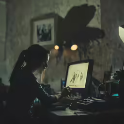a girl is using a computer in the dark
